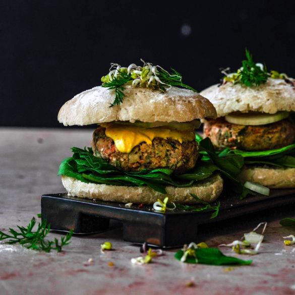 Vegan gluten-free Carrot Cannellini Bean Burgers recipe; infused with mango, cumin, garlic, ginger, fresh coriander and sesame seeds. Edward Daniel ©.