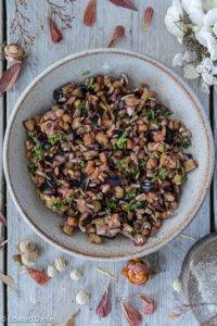 Spongy fleshy aubergine marinaded in pomegranate molasses with a touch of ginger, garlic and lemon zest; Piquant Raw Marinaded Aubergine.