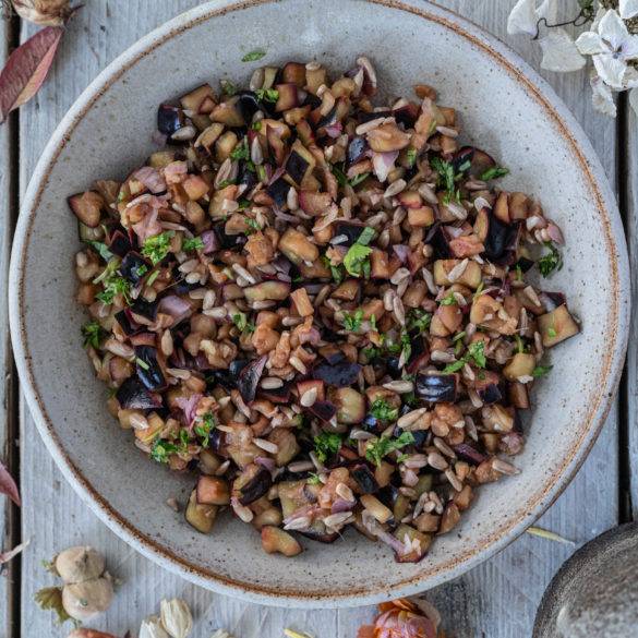 Spongy fleshy aubergine marinaded in pomegranate molasses with a touch of ginger, garlic and lemon zest; Piquant Raw Marinaded Aubergine.