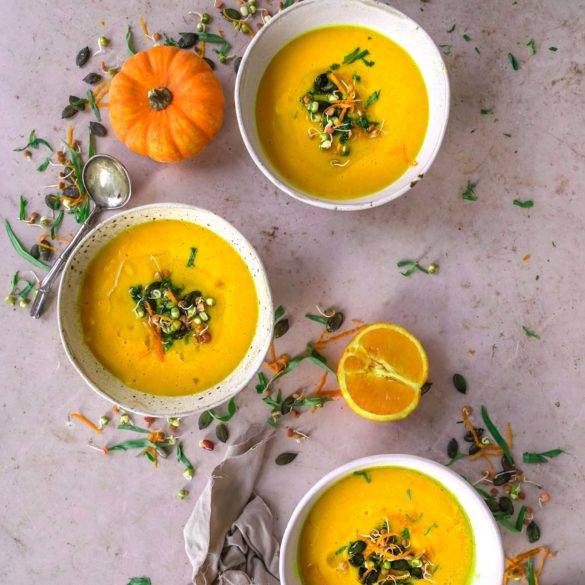 Roasted pumpkin with citrus orange, onion and garlic infused with licoricey tarragon; vegan Pumpkin and Orange Soup recipe, paleo too. Edward Daniel ©.