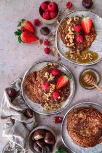 Tantalising pillowy sweet chestnut pancakes with hints of spicy nutty nutmeg and citrus lemon; Vegan gluten-free Chestnut Pancakes recipe. Edward Daniel ©.