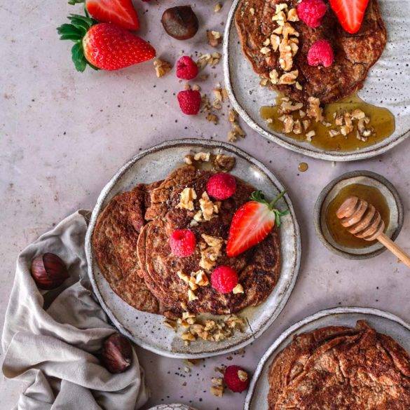 Tantalising pillowy sweet chestnut pancakes with hints of spicy nutty nutmeg and citrus lemon; Vegan gluten-free Chestnut Pancakes recipe. Edward Daniel ©.