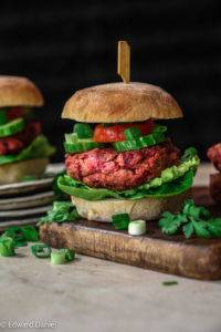 Fleshy moist vegan gluten-free Beetroot Haricot Bean Burgers recipe; with fragrant coriander, cumin, fennel, garlic, ginger and lemon. Edward Daniel ©.