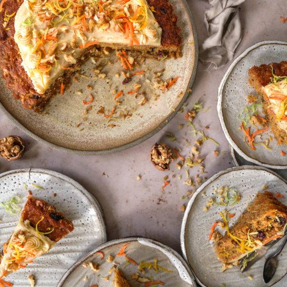 Moist vegan gluten-free Carrot Cake recipe; made with lashings of carrot, raisins and sultanas infused with Eastern spices of cardamom, nutmeg and cinnamon, and orange juice. Edward Daniel ©.