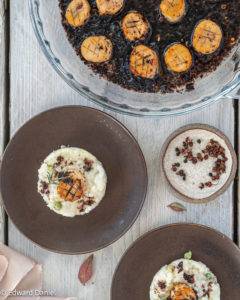 Pan Fried Marinated Vegan Scallops sweated in sesame, mirin, maple and lavender-like Sichuan pepper polished with citrusy lemon and nori. 