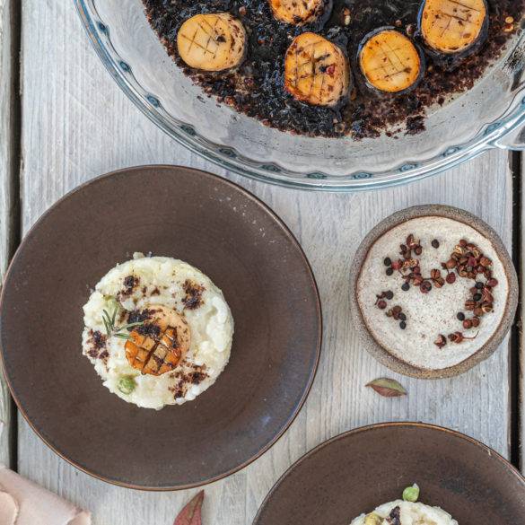 Pan Fried Marinated Vegan Scallops sweated in sesame, mirin, maple and lavender-like Sichuan pepper polished with citrusy lemon and nori. 