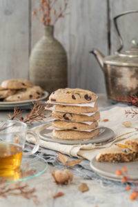 Fudgy chewy moist Chocolate Chip Cookies made with nutty buckwheat and millet, and churned roasted peanut butter.