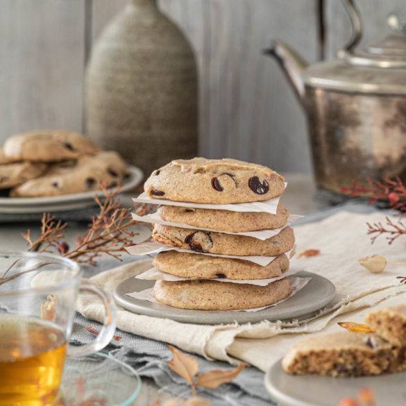 Fudgy chewy moist Chocolate Chip Cookies made with nutty buckwheat and millet, and churned roasted peanut butter.