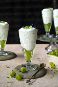 Succulent refreshing tart gooseberries swirled in a light airy textured citrus lime aquafaba; Gooseberry Mousse. Edward Daniel ©.