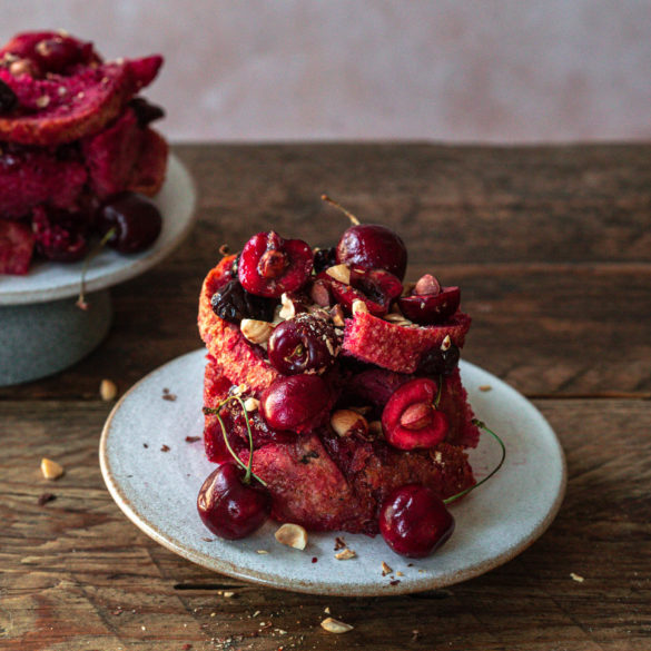 Citrus flavoured sweet juicy cherries sandwiched in lashings of moist crusted bread; Cherry Bread Pudding. Edward Daniel ©.