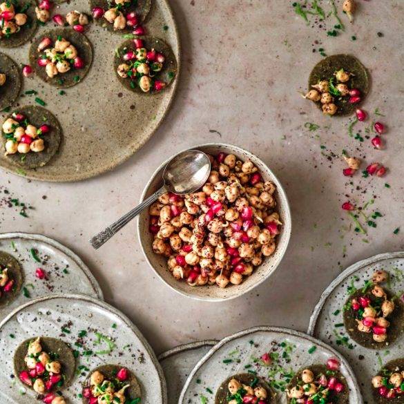 Sprouted Chickpea Tartare recipe, a raw vegan condiment; infused with pomegranate, molasses, cider vinegar sumac and poppy seeds and drizzled in oil. Edward Daniel ©.