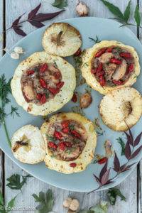 Custard pattypan stuffed with water chestnuts and sweet tangy burst goji berries; Stuffed Pattypan with Water Chestnuts and Goji Berries.