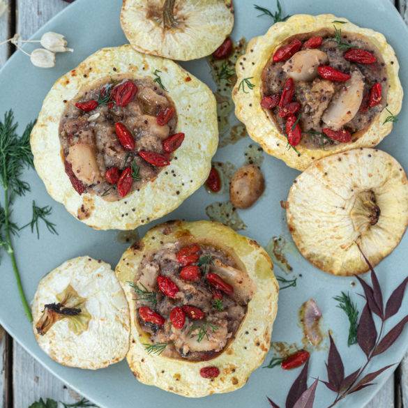 Custard pattypan stuffed with water chestnuts and sweet tangy burst goji berries; Stuffed Pattypan with Water Chestnuts and Goji Berries.