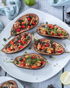 Caption of Baked Aubergine stuffed with Peppers and Walnuts. Image by Edward Daniel (c).