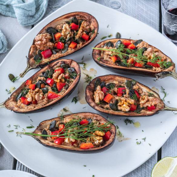 Caption of Baked Aubergine stuffed with Peppers and Walnuts. Image by Edward Daniel (c).