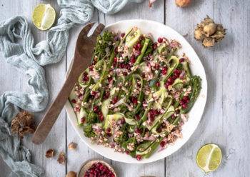 Broccoli Salad with Pomegranate and Cob Nuts Flatlay 1 Caption of Broccoli Salad with Pomegranate and Cob Nuts Flatlay. Image by Edward Daniel