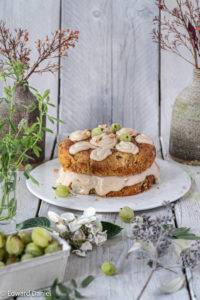 Burst Gooseberries with a hint of floral peppery cardamom and liquorice-like star anise in a double layered cake with cashew cream icing. 