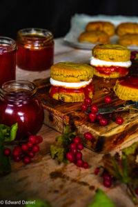 Scarlet Guelder Rose berries stewed in water and sugar to form a syrupy burgundy strawberry-like Jam; Guelder Rose Jam. Edward Daniel ©.