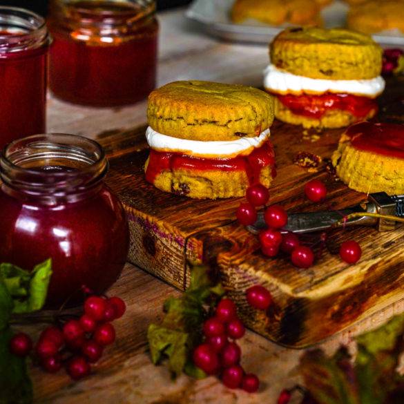 Scarlet Guelder Rose berries stewed in water and sugar to form a syrupy burgundy strawberry-like Jam; Guelder Rose Jam. Edward Daniel ©.