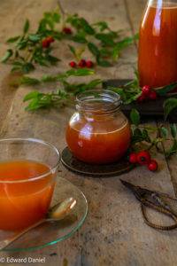 Warming seasonal tonic with rose scented fragrance making a soothing restorative nurturing concoction; Rosehip Syrup. Edward Daniel ©.