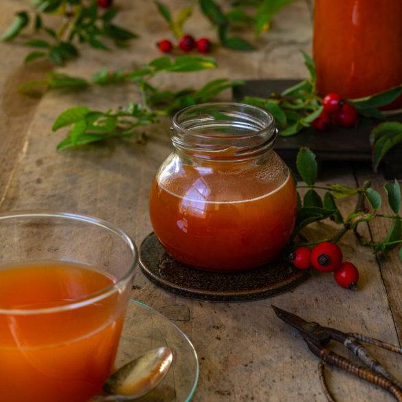 Warming seasonal tonic with rose scented fragrance making a soothing restorative nurturing concoction; Rosehip Syrup. Edward Daniel ©.