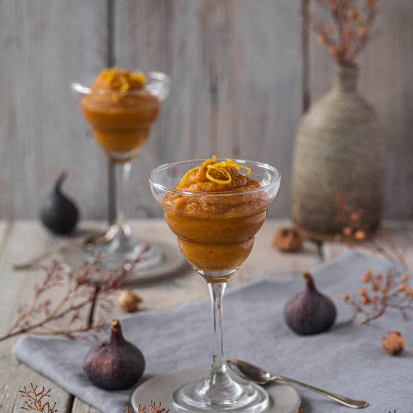 Velvety creamy Fig and Butternut Mousse infused with a tinge of citrus, orange blossom water and tamari.