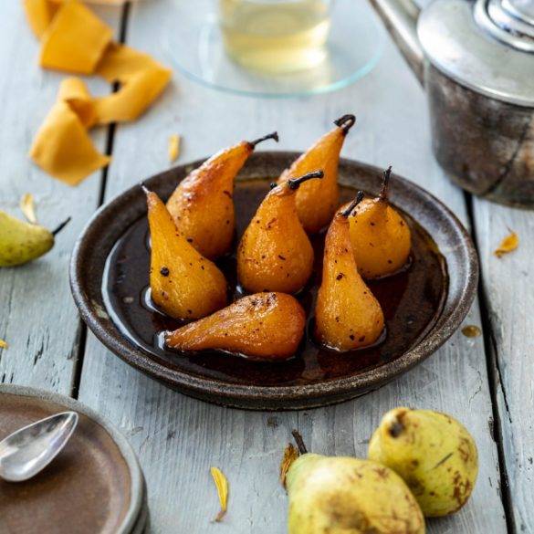 Caption of Saffron Poached Pears. Image by Edward Daniel (c).