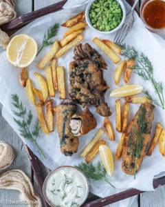 Soft flaky Banana Blossom encased in Nori encrusted in a citrusy gluten-free beer-batter. Vegan Fish and Chips is British food at its finest.