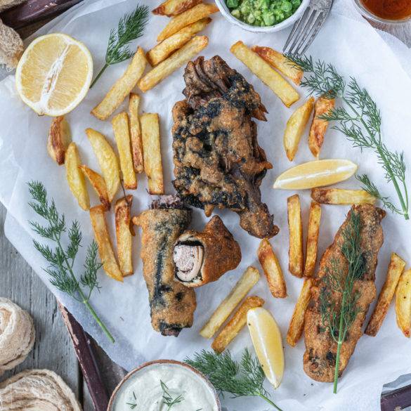 Soft flaky Banana Blossom encased in Nori encrusted in a citrusy gluten-free beer-batter. Vegan Fish and Chips is British food at its finest.