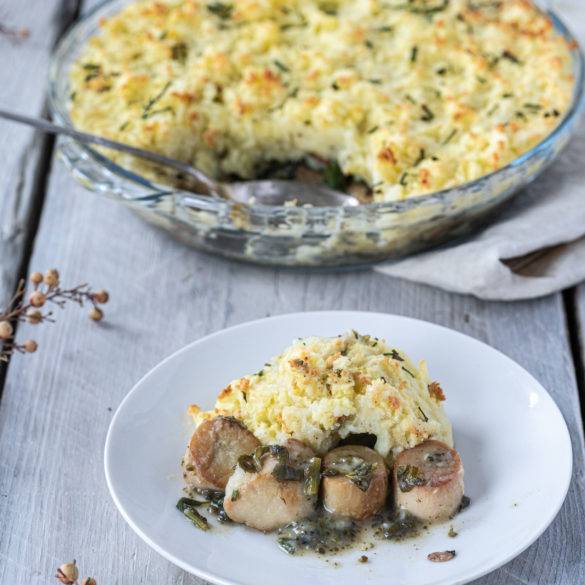 Vegan Fish Pie; Pillowy potatoes crown King Oyster Mushrooms baked in a white wine sauce laced with English mustard and wild bay leaves
