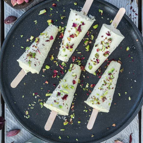 Earthy sweet nutty Pistachio Kulfi with creamed coconut, coconut milk and infused with citrus cardamon and refreshing rose water.