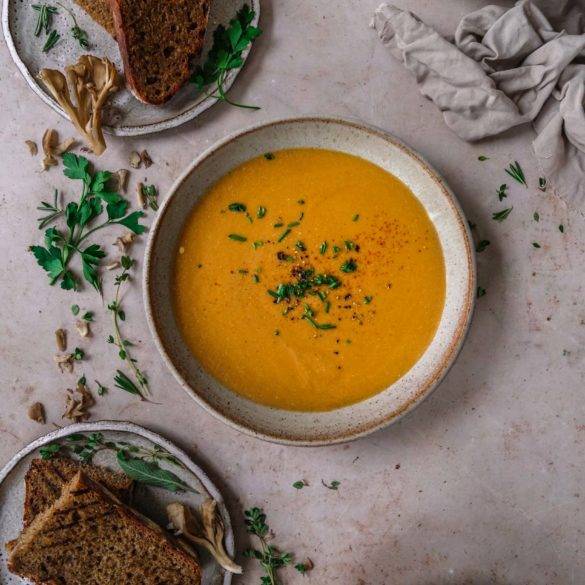 Smooth sensuous velvety gluten-free Vegan Lobster Bisque Soup recipe; seasoned with candied citrusy cognac and a couple of delicate sweet shallots and ballistic garlic cloves. Edward Daniel ©.