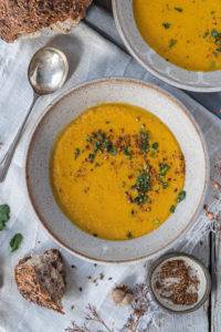 Earthy sweet carrots with aromatic toasted coriander with citrus undertones; Carrot and Coriander Soup.