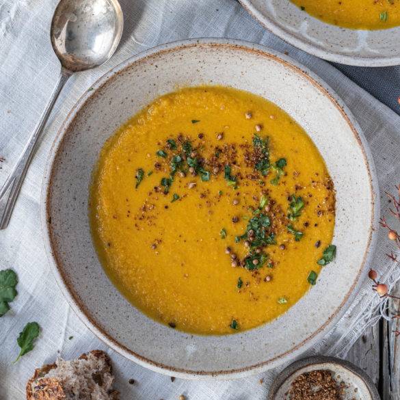 Earthy sweet carrots with aromatic toasted coriander with citrus undertones; Carrot and Coriander Soup.