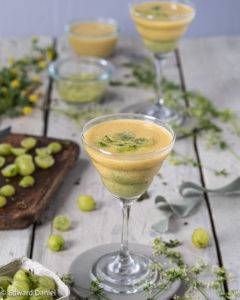 Gooseberries with sweet fragrant nutmeg swimming in honey-like saffron and rose water yoghurt; Raw Gooseberry Compote with Saffron Yoghurt.