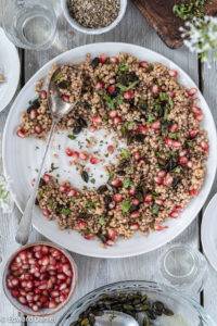 Palestinian Pomegranate Pumpkin Seed Maftoul Salad is vegan. Image by Edward Daniel (c).