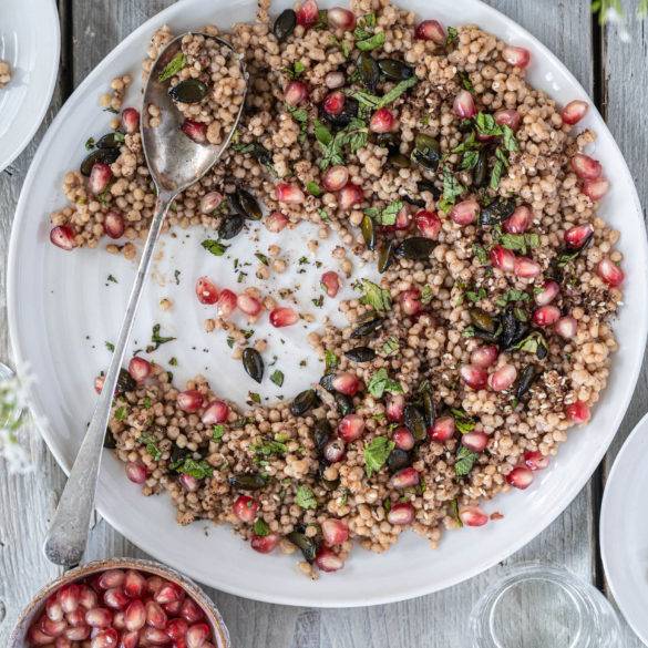 Palestinian Pomegranate Maftoul Salad recipe.