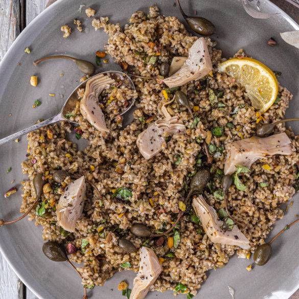 Caperberry Artichoke Smoked Freekeh Salad Caperberry Artichoke Freekah Salad is vegan. Image by Edward Daniel (c).