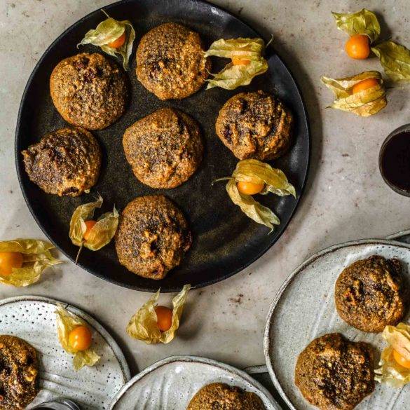 Rich moist vegan gluten-free Cape Gooseberry Cookies recipe; with an almond and buckwheat pastry sprinkled with tangy tart golden berries. Edward Daniel ©.