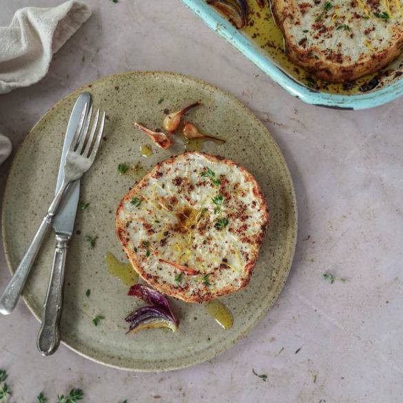 Vegan Roasted Celeriac Steak recipe, paleo too; infused with fiery Isot and Aleppo peppers, tangy sumac, smoked paprika and bathed in aromatic thyme. Edward Daniel ©.