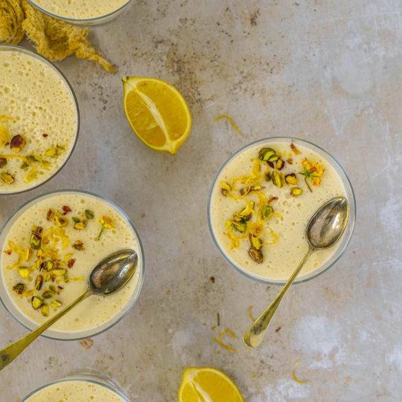 Creamy silk Vegan Lemon Mousse recipe; with a hint of tangy citrus cardamon, lemon zest and aromatic sweet saffron threads. Edward Daniel ©.