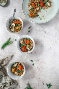 Nutty pearl barley with garden peas, daikon radish infused with caraway seeds and topped with mint leaves; Pea Daikon Pearl Barley Salad recipe. Edward Daniel ©.