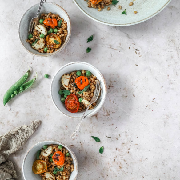 Nutty pearl barley with garden peas, daikon radish infused with caraway seeds and topped with mint leaves; Pea Daikon Pearl Barley Salad recipe. Edward Daniel ©.