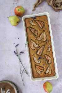 Sweet succulent pear and smoky minty lavender with a touch of lemon juice baked into a soft pillow sponge cake; Vegan gluten-free Pear and Lavender Cake recipe. Edward Daniel ©..