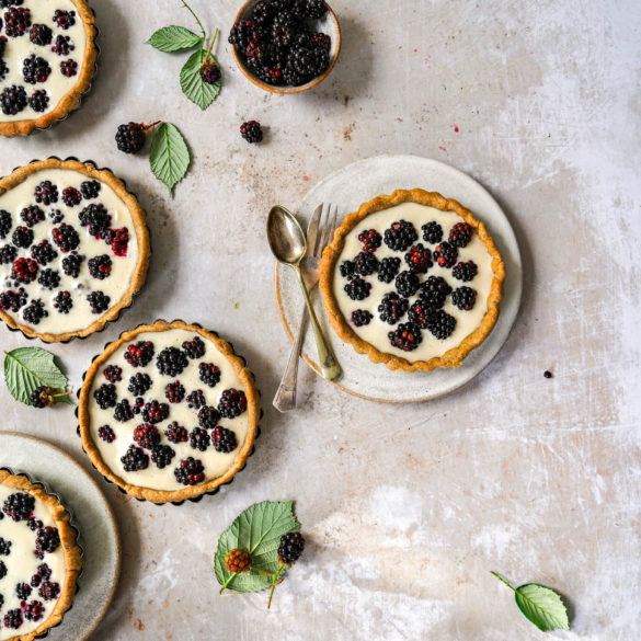 Succulent blackberries in a citrus almond cream with a touch of Star anise and rose water over a nutty amaranth pastry; vegan gluten-free Blackberry Tart recipe. Edward Daniel ©.