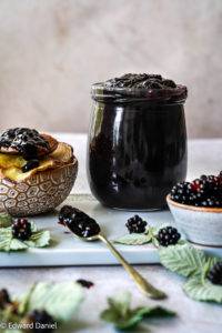 Sharp tart Blackberry Ketchup recipe, a vegan condiment, paleo too; with earthy cinnamon, cardamon, allspice, coriander and a fiery chipotle kick. Edward Daniel ©.