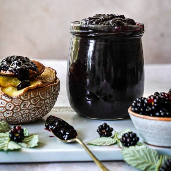 Sharp tart Blackberry Ketchup recipe, a vegan condiment, paleo too; with earthy cinnamon, cardamon, allspice, coriander and a fiery chipotle kick. Edward Daniel ©.