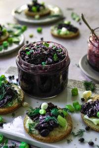 Lively Elderberry Chutney recipe, a vegan condiment, paleo too; with apples, currents and onions and spiced with cardamon, cinnamon, paprika and ginger. Edward Daniel ©.
