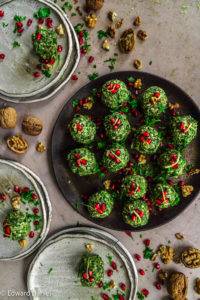 Blanched Spinach and crushed walnuts wrapped with blue fenugreek, sweet paprika, lemon and vinegar; vegan raw Georgian Spinach Walnut Balls (Pkhali) recipe, a vegan condiment, paleo too. Edward Daniel ©.