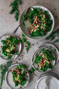Crispy kale, tart pomegranates and mung beans dressed in olive oil, vinegar and lemon juice; vegan raw Kale Pomegranate Mung Bean Salad recipe. Edward Daniel ©.